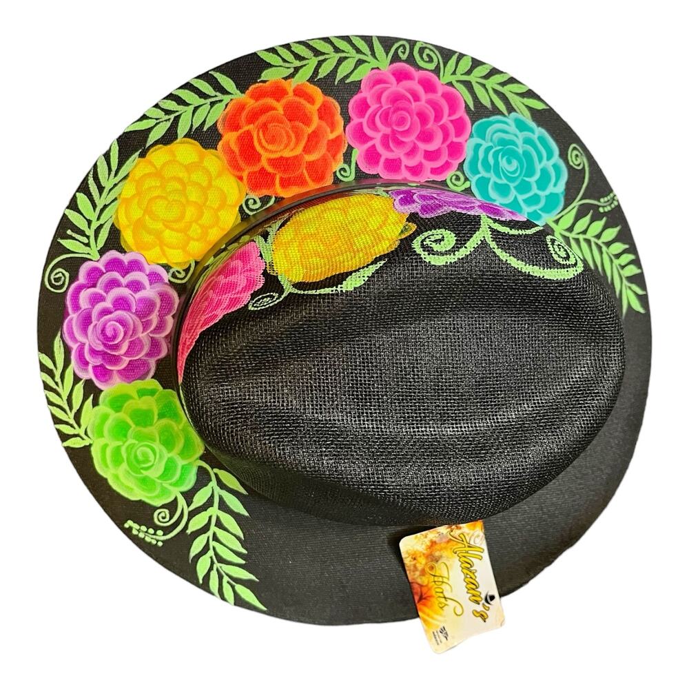 HAT MEXICAN Artisanal Hand Painted Fedora Floral Sombrero Panama Bohemian Black - Picture 6 of 9